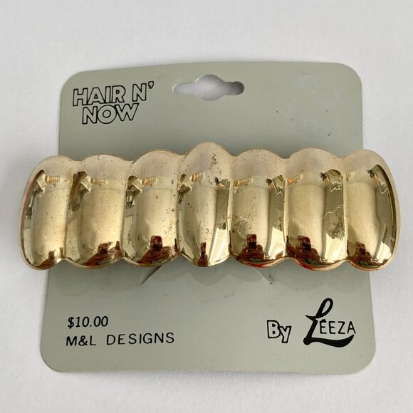 Vintage Gold Scallop Shrimp French Barrette 80s 90s Geometric Metal Leeza - Picture 3 of 9